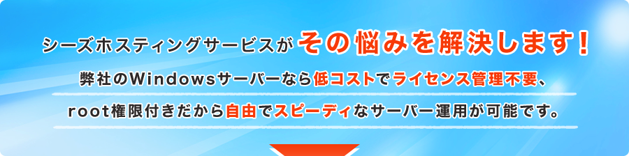 シーズホスティングサービスがその悩みを解決します!低コストでライセンス管理不要。root権限つきで自由なサーバー環境。 シーズホスティングサービスがその悩みを解決します!低コストでライセンス管理不要。root権限つきで自由なサーバー環境。